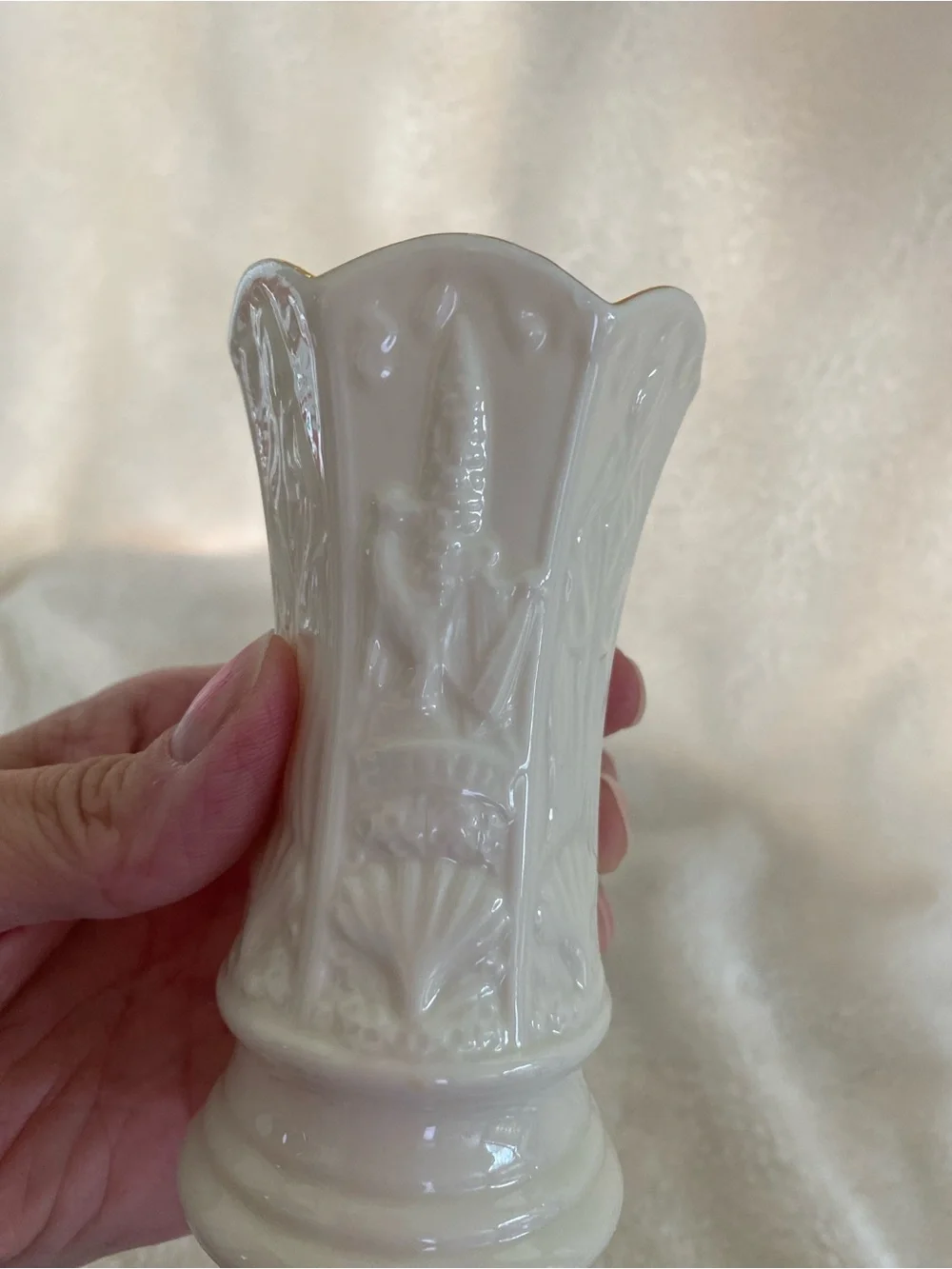 Belleek Small Cream Embossed Porcelain Vase with Gold Trim